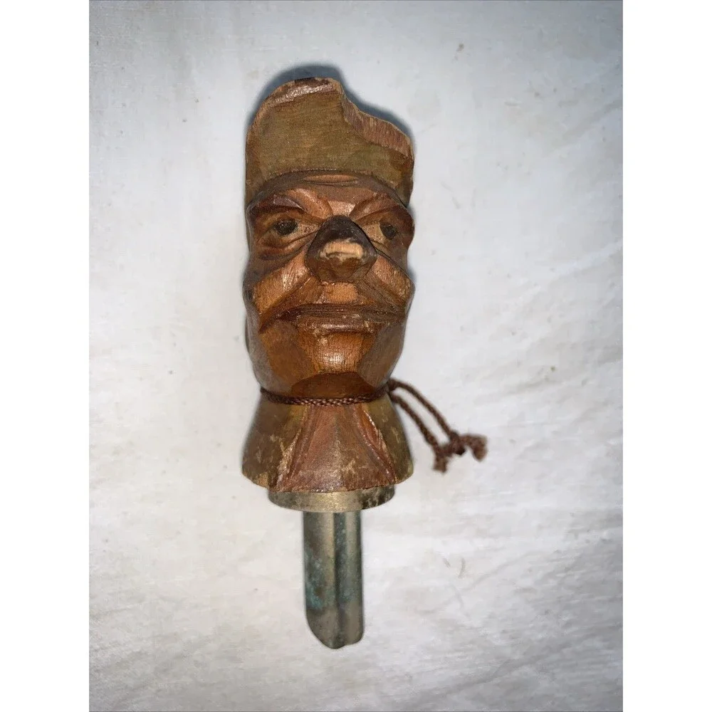 Vintage Hand Carved Folk Art Wine Bottle Stopper Metal Spout Wooden Man Barware